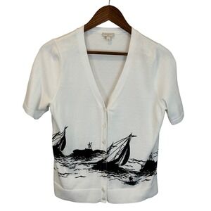 Talbots White 100% Cotton Sailboat Cardigan Nautical Short Sleeve Size Large